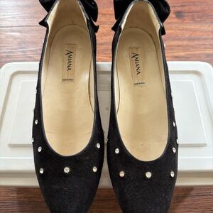 Amiana Black Suede Rhinestone Flats with Bow – Made in Spain, Size 7